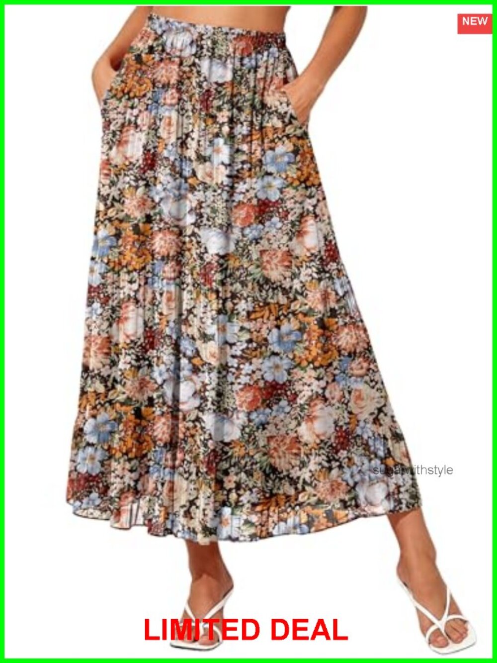 Women's Elastic High Waist Chiffon Boho Maxi Skirt with Pockets
